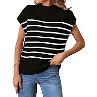 MEROKEETY Women's 2024 Sleeveless Mock Neck Striped Sweater Vest Cap Sleeve Ribbed Knit Pullover Tank Tops