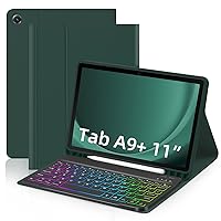 Case with Keyboard for Samsung Galaxy Tab A9 Plus 11 inch (SM-X210/X216/X218),7 Color Rainbow Backlight Detachable Keyboard Magnetic Case with Pen Slot for Tablet A9+ 5G Dark Green