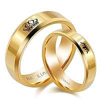 2pcs His Queen and Her King Couple Rings Set, Titanium Steel Matching Promise Wedding Engagement Band for Couples (Black, Gold)