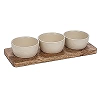 Creative Co-Op 3 Stoneware Bowls on a Mango Wood Tray, Cream and Natural Set of 4
