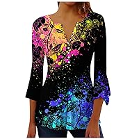 YZHM Blouses for Women Dressy Casual 3/4 Sleeve V Neck Summer Tops Flower Pattern Button Down Shirts Retro Graphic Tunic Tops