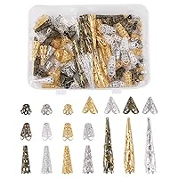 Pandahall 450pcs Tibetan Style Iron Filigree Flower Beads Cones End Cap 5 Styles Long Flower Bead Caps Spacers Pendants Mixed for Jewelry Necklace Earrings Making DIY Craft Supplies Women
