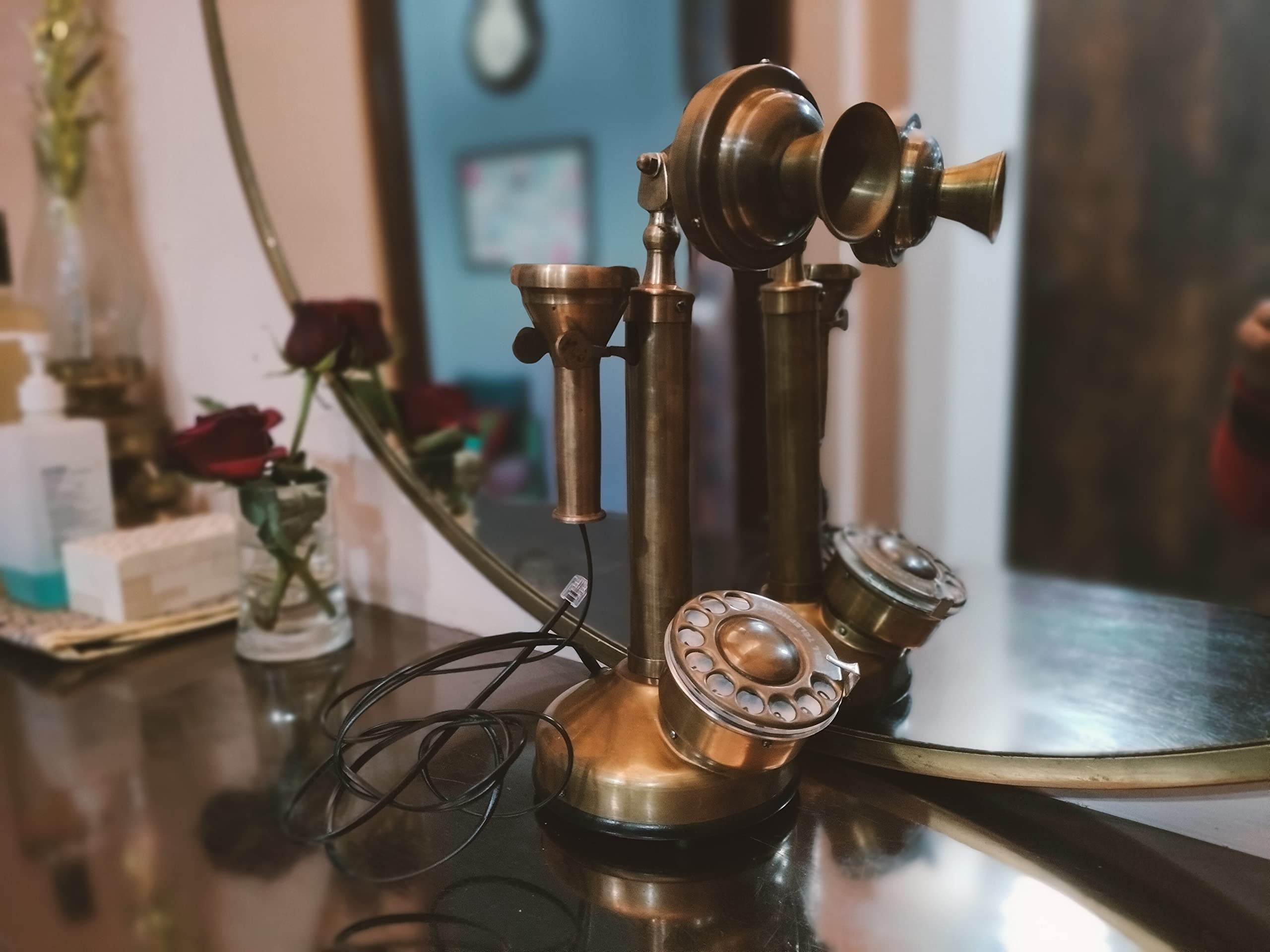 Antique Western Electric Bell Telephone Brass Candlestick Phone Replica Electronic Corded Rotary Dial Phone Home Decor