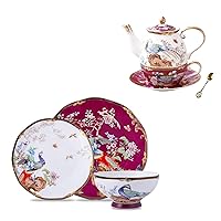 ACMLIFE Bone China Dinnerware Set And Bone China Tea For One Teapot And Cup Set Vintage Floral Dinnerware Set, 12 Piece Lightweight Bone China Dinnerware Set And Tea For One Set