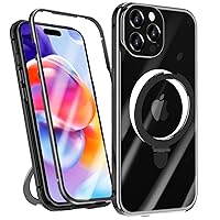 Case for iPhone 15 Pro Max with Invisible Stand, 360 Degree Front and Back Protection Cover [Compatible with Magsafe] Magnetic Adsorption Metal Bumper for iPhone 15 Pro Max (Black)