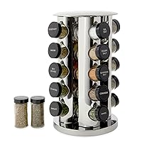 20 Jar Revolving Countertop Spice Rack with Spices Included, FREE Spice Refills for 5 Years, Polished Stainless Steel with Black Caps, 30020