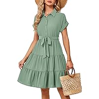 JASAMBAC Women's Button Down Shirt Dress 2024 Casual Work Summer Collared V Neck Elastic Waist Flowy Pocket Beach Sundress