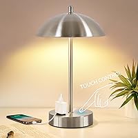 Modern Desk Lamp with AC Adapter, 3-Way Dimmable Touch Bedside Reading Lamp, Minimalist Silver Small Nightstand Table Lamp with Mushroom Dome Shade for Bedroom Living Room Office, Bulb Included…