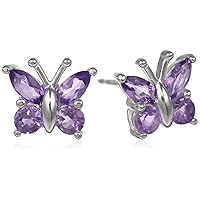 Amazon Collection Sterling Silver Genuine African Amethyst Butterfly Stud Earrings