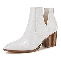 Kathemoi Womens Slip on Ankle Boots V Cutout Pointed Toe Chunky Stacked Mid Heel Booties