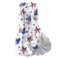USA Flag Stars Stripe A-Line Dress Women 4th of July Patriotic Lace-Up Beach Dresses Casual 3/4 Sleeve Shirt Dress