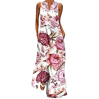 Womens 2024 V Neck Dresses Party Sleeveless Bodycon Casual Top Slimming Pocket Graphic Retro Floral Print Work