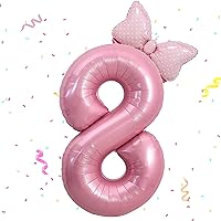 40 Inch Pink Number 8 Balloon & Mini Bow Balloon for Girl Birthday Party Decorations, 8th Birthday Party Decorations Pink Theme Party Balloons Decorations Supplies