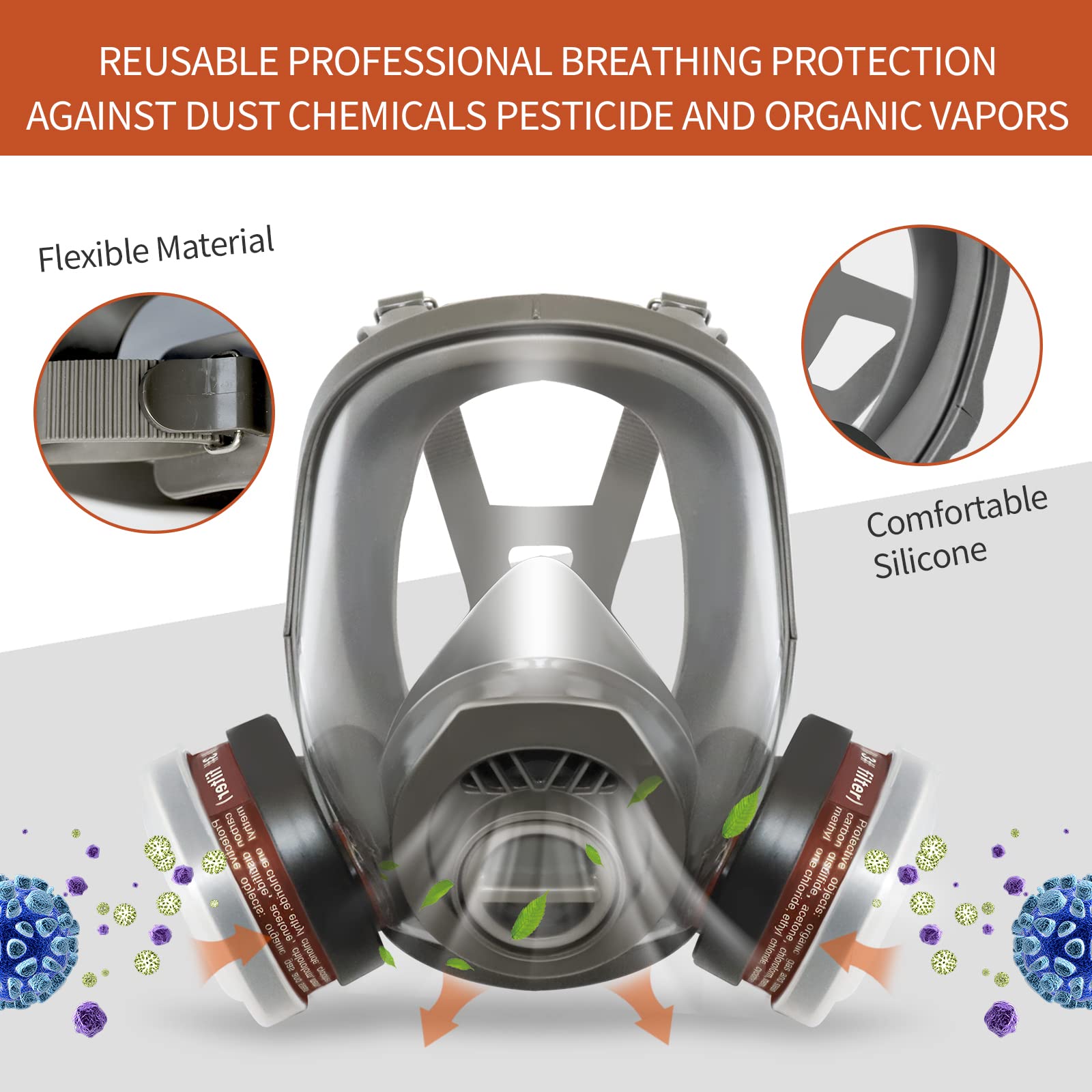 XINBTK Reusable Full Face Respirator Mask - with P-A-1 Organic Vapor Cartridge, Gas Mask with 10 PCS Particulate Filter Cottons, Widely Used in Organic Gas, Paint Spary, Chemical, Woodworking