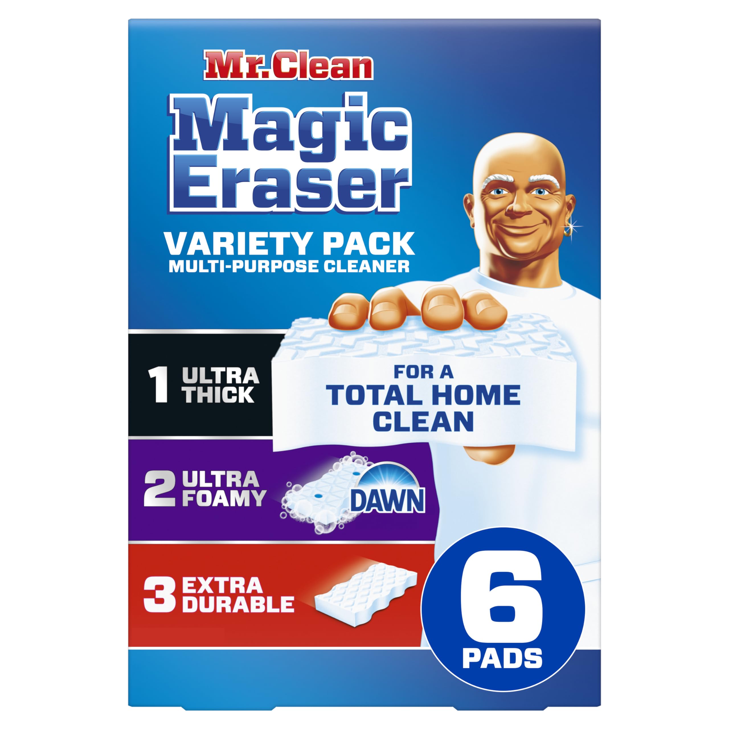 Mr. Clean Magic Eraser Variety Pack with Ultra Thick, Ultra Foamy, and Extra Durable Multi Purpose Cleaners, 6ct