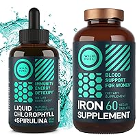 WILD FUEL Iron Tablets for Women with Folic Acid and Liquid Chlorophyll with Spirulina Female Health and Detox Bundle