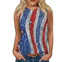 4Th of July Tops for Women Summer Sexy Tank Top Crew Neck Sleeveless Blouses Patriotic Flag Printed Graphic Shirts