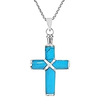 AeraVida Christian Cross Simulated Turquoise Inlay .925 Sterling Silver Pendant Necklace