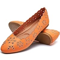 Women's Ballet Flats Black PU Leather Dress Shoes Comfortable Round Toe Slip on Flats with Floral Eyelets