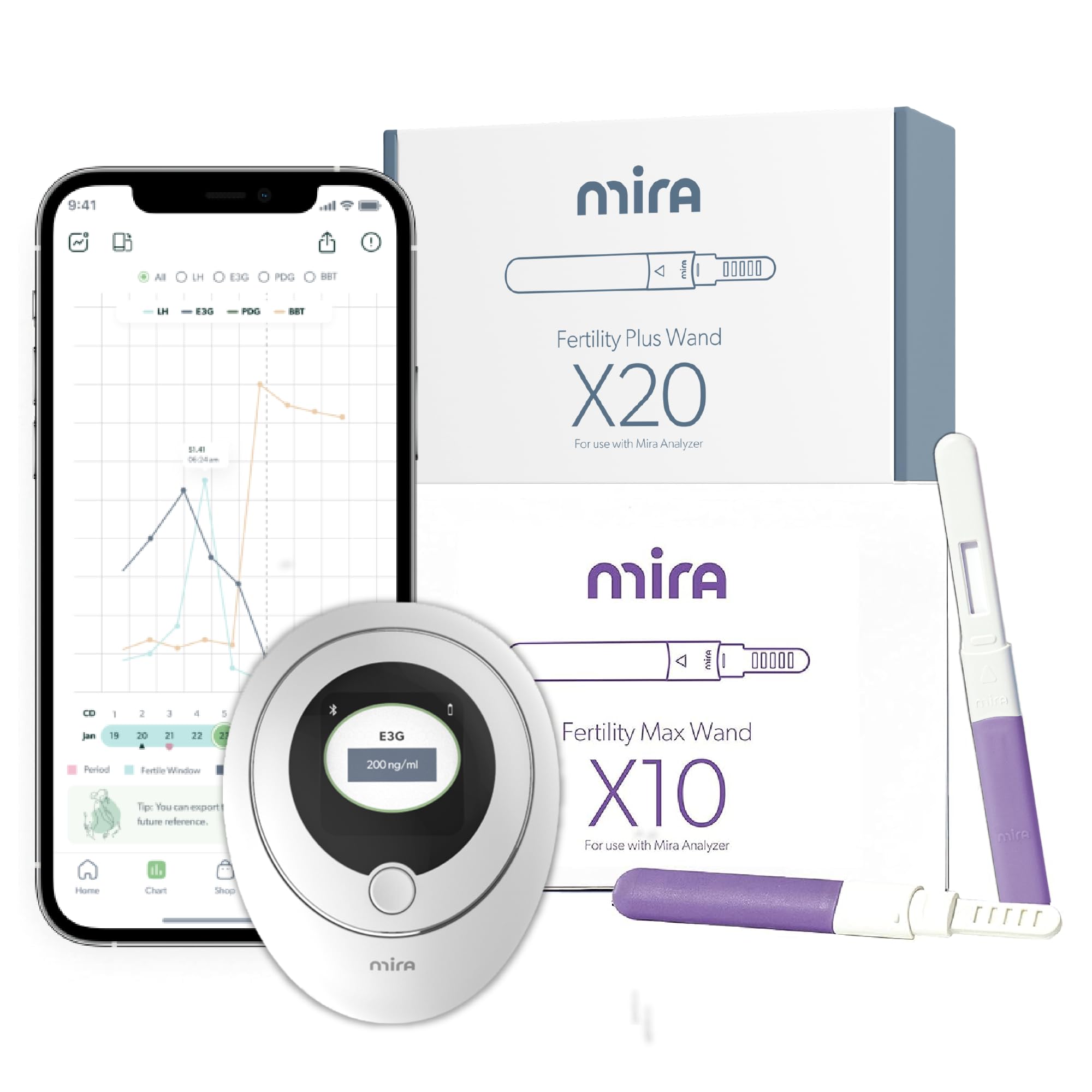 Mira Max and Plus Starter Kit Bundle, Mira Analyzer, 10 Max Wands and 20 Plus Wands, Track 3 Fertility Hormones, Predict & Confirm Ovulation and Fertility Window,