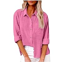 Deal of The Day Prime Today Clearance Cotton Linen Button Down Shirts for Women Long Sleeve Collared Work Blouse Trendy Loose Fit Summer Tops with Pocket
