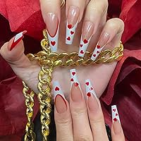 24 Pcs Heart Press on Nails Long Length Valentines Hearts Fake Nails with Nails Glue French Tip Full Cover False Nails with Design Stick on Nails for Women Girls Heart Nails Charms Coffin Nails