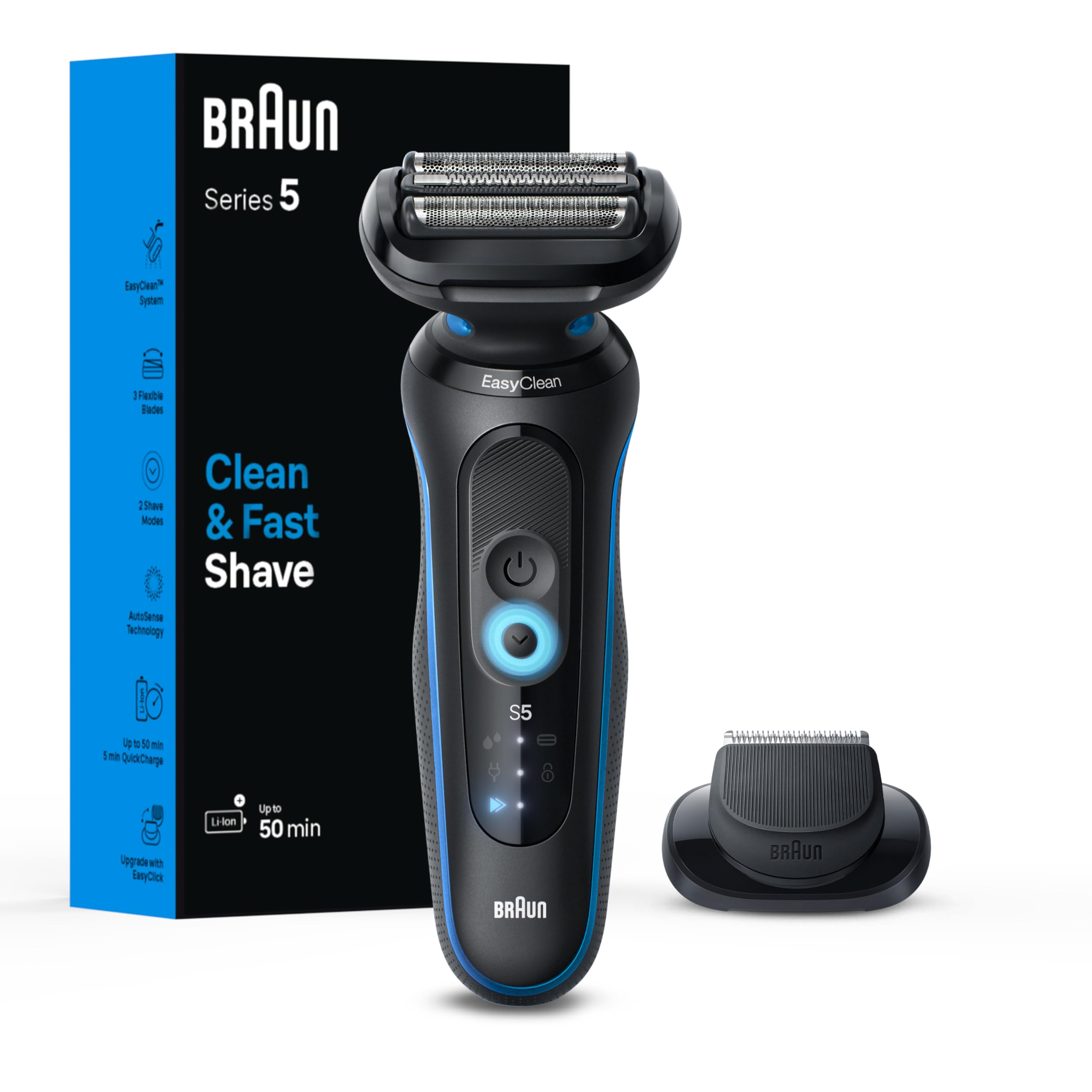 Braun Electric Shaver for Men, Series 5 5118s, Wet & Dry Shave, Turbo Shaving Mode, Foil Shaver, Engineered in Germany, with Precision Trimmer, Blue