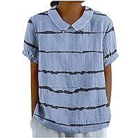 Women Irregular Stripe Print Shirts Peter Pan Collar Short Sleeve Tee Tops Summer Keyhole Back Casual Loose Blouses