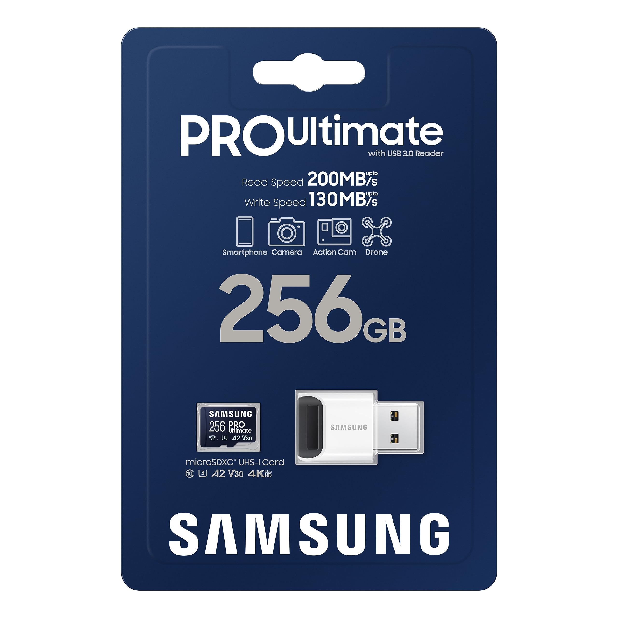 SAMSUNG PRO Ultimate microSD Memory Card + Adapter, 256GB microSDXC, Up to 200 MB/s, 4K UHD, UHS-I, Class 10, U3,V30, A2 for GoPRO Action Cam, DJI Drone, Gaming, Phones, Tablets, MB-MY256SA/AM