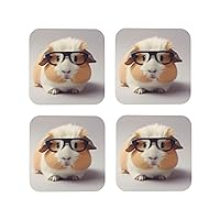 Leather Drink Coasters Set of 4 Guinea Pig with Glasses Print Coaster with Holder Waterproof Heat-Resistant Round Cup Mat Pad for Hot Cold Drink Non-Slip Coffee Coasters for Living Room Kitchen Bar