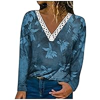 Workout Tops for Women Lace V Neck Oversized Tshirts Floral Print Lightweight Work Blouses Long Sleeves Sweater