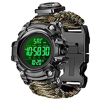 Mens Survival Military Digital Watch, 23-in-1 Tactical Multi-Functional Outdoors Waterproof Military Watch, Dual Display Analog LED Electronic Wristwatches with Compass Whistle Paracord Band