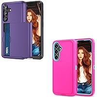 Jiunai 2 Pack Samsung Galaxy S24 Case Card Holder & Heavy Duty Armor Case Dual Layer Shockproof 2 Pcs Cell Phone Case Cover for Samsung Galaxy S24 5G 6.2 inches Purple & Pink