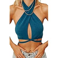 Sdencin Women's Y2K Sexy Bandage Halter Crop Tank Solid Sleeveless Backless Self Lace Up Wrap Strap Crop Tops