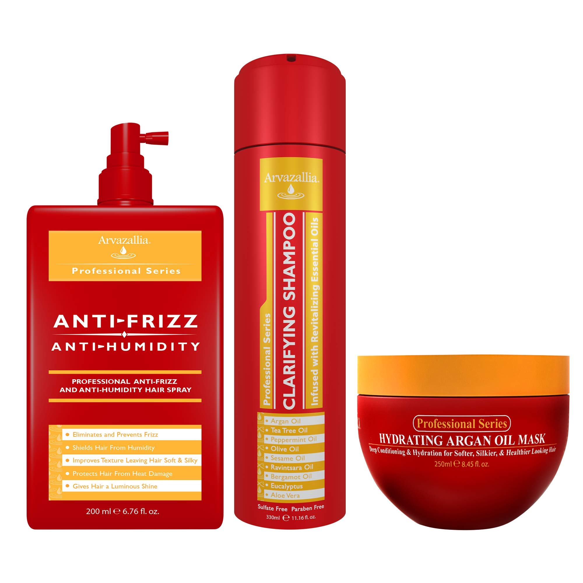 Anti-Frizz Anti-Humidity Spray, Hydrating Argan Oil Hair Mask, and Clarifying Shampoo Treatment Bundle - The Perfect Combination for Soft, Silky, Frizz-Free Hair