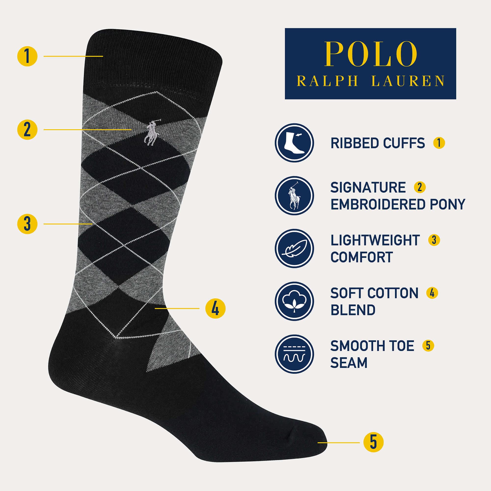 POLO RALPH LAUREN Men's Assorted Pattern Dress Crew Socks-4 Pair Pack-Soft and Lightweight Cotton Comfort