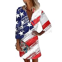 Plus Size July 4th Dress Patriotic Dress for Women Sexy Casual Vintage Print with 3/4 Length Sleeve Deep V Neck Independence Day Dresses Dark Blue X-Large