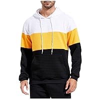 Mens Patchwork Waffle Hoodies Fashion Color Block Lightweight Casual Hooded Sweatshirts Drawstring Pullover Tops