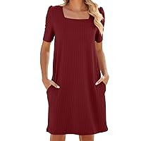 Casual Dresses for Women 2024 Summer Solid Color Simple Loose Fit with Short Sleeve Square Neck Pockets Dress