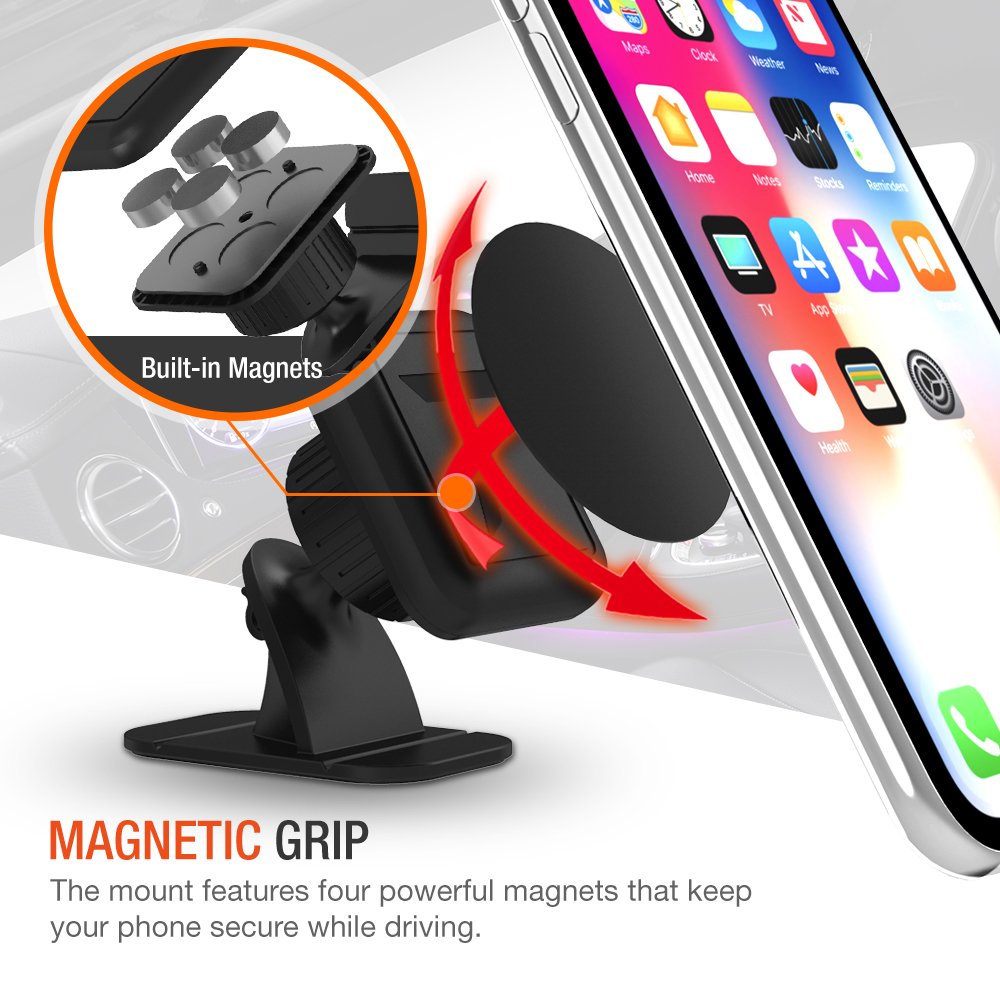 Trianium Magnetic Dash Car Mount Phone Holder Desk Stand Compatible with iPhone, Samsung, Huawei, Nokia, LG, Moto Smartphone, Stick-on Dashboard 3M-Adhesive Bendable Base and Metal Plate Included