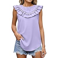 XJYIOEWT Linen Shirts for Women Women's Solid Color Ruffle Round Neck Chiffon Top T Shirt with Pleats Loose T Shirts