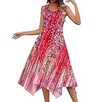 Round Neck Dress Womens Fashion Sleeveless Loose Floral Print Women's Irregular Hem Outdoor 2024 Summer Midi Dress