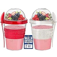 Yogurt Parfait Cups for Breakfast, Oatmeal or Fruit Container, Snack Bowl and Spoon for Lunch Box, Portable & Reusable, 2 PCs (Red & Cream)