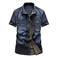 Summer Denim Shirt Men - Casual Cotton Washed Blue Short Sleeve Cowboy Aloha Shirt Fashion Male Large Size Button D