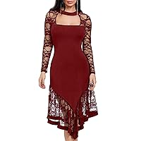 Andongnywell Women's Square Neck Floral Lace Dress Lace Long Sleeve Vintage Swing Dress Irregular Hem Party Dress