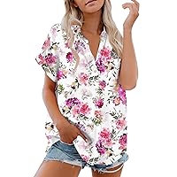 Flower Shirt for Women 2024 Short Sleeve Button Down V-Neck Vacation Boho Casual Loose Comfort Blouse