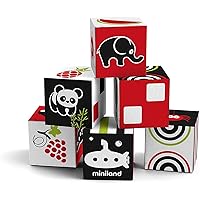 Miniland First Senses 6 Cubes, Soft Baby Building Cloth Fabric Blocks , Infants 9 Months to 18 Months, Toddlers Stack, Build, Sort, Safe Travel Toy, Patterns and Pictures, Carry Case Included
