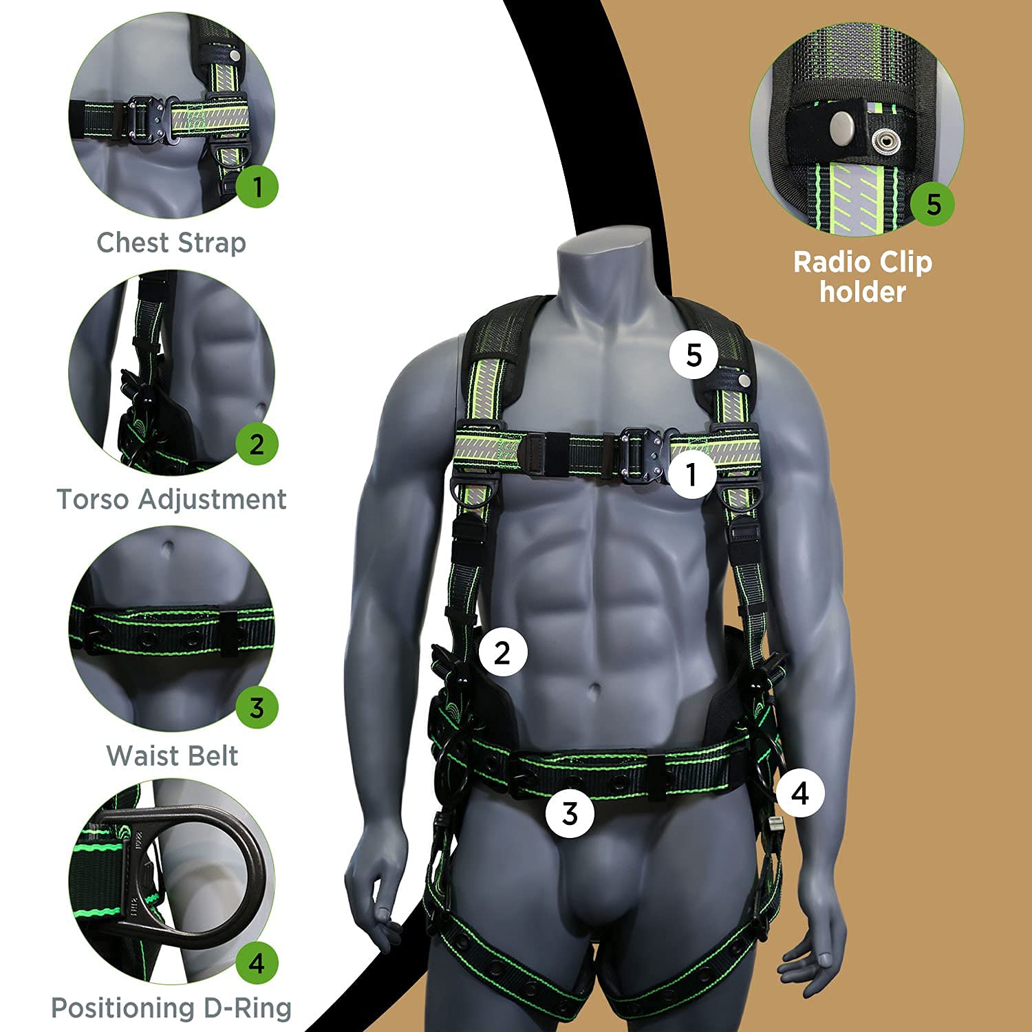 AFP Fall Protection Premium Hi-Viz Lime & Black Reflective Safety Harness, Vented & Padded Shoulder, Legs & Back, 8” Thick Back Support Belt, 3 D-Rings, Tongue Buckle, Quick Release (OSHA/ANSI PPE)