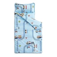 Wake In Cloud - Nap Mat with Removable Pillow for Kids Toddler Boys Girls Daycare Preschool Kindergarten Sleeping Bag, Cartoon Trains Railway on Light Blue, 100% Soft Microfiber