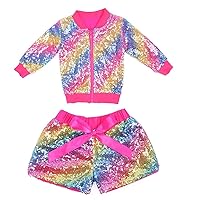 Cilucu Toddler Girls Rainbow Sequin Shorts Outfits Bomber Jacket 2PCS Sets Suit Rainbow Birthday Party Little Girls Outfits